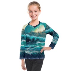 Tsunami Waves Ocean Sea Nautical Nature Water 5 Kids  Long Mesh Tee