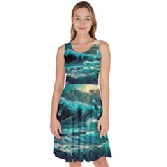 Tsunami Waves Ocean Sea Nautical Nature Water 5 Knee Length Skater Dress With Pockets