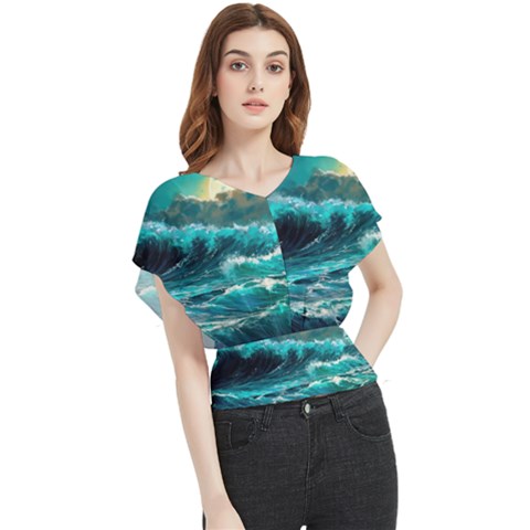 Tsunami Waves Ocean Sea Nautical Nature Water 5 Butterfly Chiffon Blouse by Jancukart