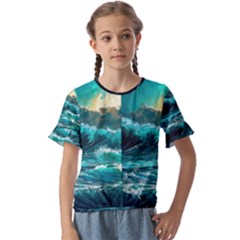 Tsunami Waves Ocean Sea Nautical Nature Water 5 Kids  Cuff Sleeve Scrunch Bottom Tee