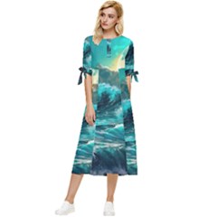 Tsunami Waves Ocean Sea Nautical Nature Water 5 Bow Sleeve Chiffon Midi Dress by Jancukart