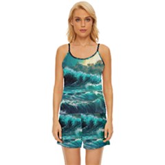 Tsunami Waves Ocean Sea Nautical Nature Water 5 Satin Pajama Short Set by Jancukart