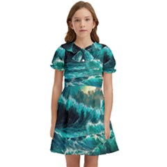 Tsunami Waves Ocean Sea Nautical Nature Water 5 Kids  Bow Tie Puff Sleeve Dress