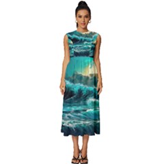 Tsunami Waves Ocean Sea Nautical Nature Water 5 Sleeveless Round Neck Midi Dress by Jancukart