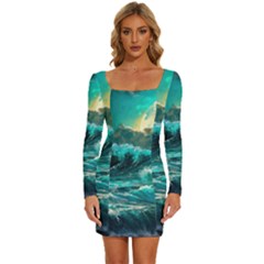 Tsunami Waves Ocean Sea Nautical Nature Water 5 Long Sleeve Square Neck Bodycon Velvet Dress by Jancukart