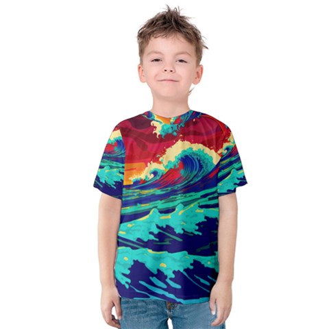 Tsunami Waves Ocean Sea Nautical Nature Water 9 Kids  Cotton Tee by Jancukart