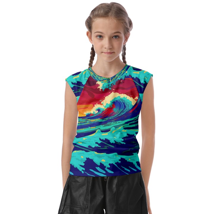 Tsunami Waves Ocean Sea Nautical Nature Water 9 Kids  Raglan Cap Sleeve Tee