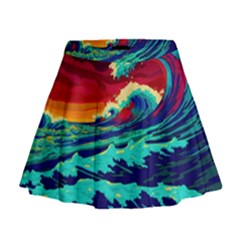 Tsunami Waves Ocean Sea Nautical Nature Water 9 Mini Flare Skirt