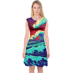 Tsunami Waves Ocean Sea Nautical Nature Water 9 Capsleeve Midi Dress by Jancukart