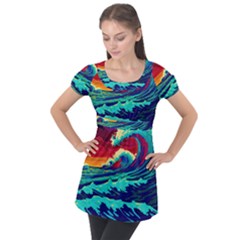 Tsunami Waves Ocean Sea Nautical Nature Water 9 Puff Sleeve Tunic Top by Jancukart