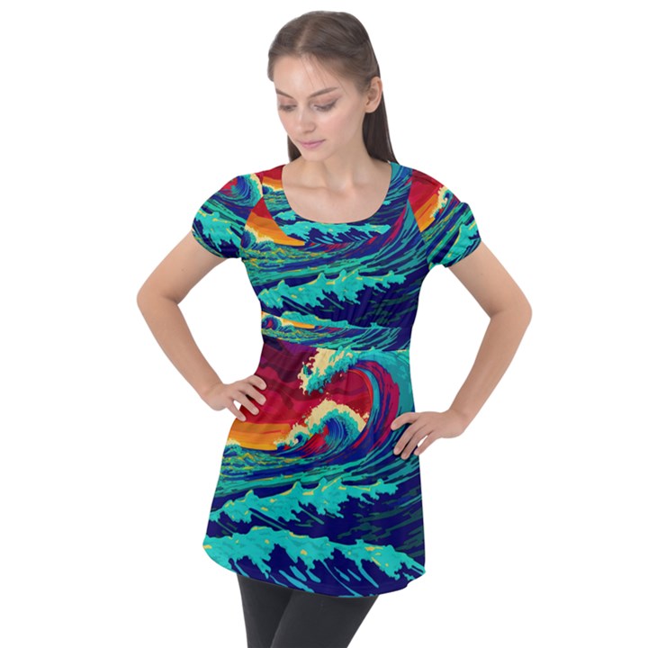 Tsunami Waves Ocean Sea Nautical Nature Water 9 Puff Sleeve Tunic Top