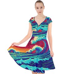 Tsunami Waves Ocean Sea Nautical Nature Water 9 Cap Sleeve Front Wrap Midi Dress by Jancukart