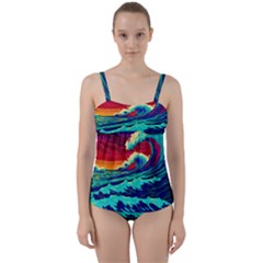 Tsunami Waves Ocean Sea Nautical Nature Water 9 Twist Front Tankini Set by Jancukart