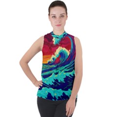 Tsunami Waves Ocean Sea Nautical Nature Water 9 Mock Neck Chiffon Sleeveless Top