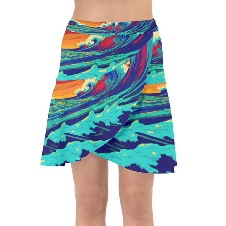 Tsunami Waves Ocean Sea Nautical Nature Water 9 Wrap Front Skirt