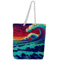 Tsunami Waves Ocean Sea Nautical Nature Water 9 Full Print Rope Handle Tote (large)