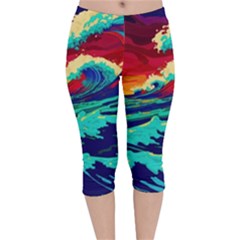 Tsunami Waves Ocean Sea Nautical Nature Water 9 Velvet Capri Leggings  by Jancukart