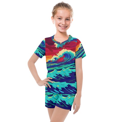 Tsunami Waves Ocean Sea Nautical Nature Water 9 Kids  Mesh Tee And Shorts Set by Jancukart