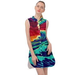 Tsunami Waves Ocean Sea Nautical Nature Water 9 Sleeveless Shirt Dress by Jancukart