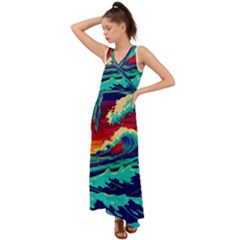 Tsunami Waves Ocean Sea Nautical Nature Water 9 V-neck Chiffon Maxi Dress by Jancukart