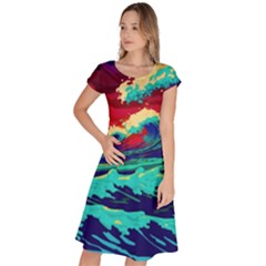 Tsunami Waves Ocean Sea Nautical Nature Water 9 Classic Short Sleeve Dress