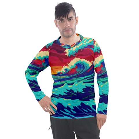 Tsunami Waves Ocean Sea Nautical Nature Water 9 Men s Pique Long Sleeve Tee by Jancukart