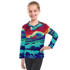 Tsunami Waves Ocean Sea Nautical Nature Water 9 Kids  Long Mesh Tee