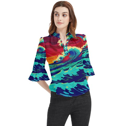 Tsunami Waves Ocean Sea Nautical Nature Water 9 Loose Horn Sleeve Chiffon Blouse by Jancukart