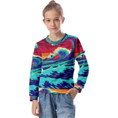 Tsunami Waves Ocean Sea Nautical Nature Water 9 Kids  Long Sleeve Tee With Frill 