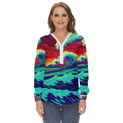 Tsunami Waves Ocean Sea Nautical Nature Water 9 Zip Up Long Sleeve Blouse by Jancukart