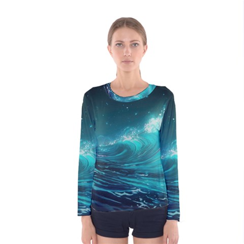 Tsunami Waves Ocean Sea Nautical Nature Water 7 Women s Long Sleeve Tee by Jancukart