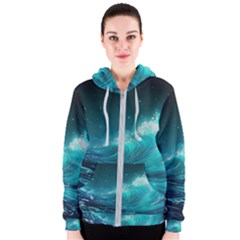 Tsunami Waves Ocean Sea Nautical Nature Water 7 Women s Zipper Hoodie by Jancukart