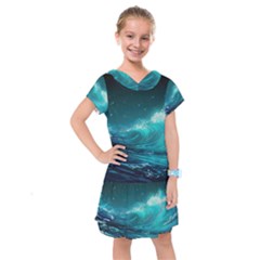 Tsunami Waves Ocean Sea Nautical Nature Water 7 Kids  Drop Waist Dress