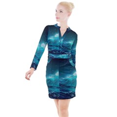 Tsunami Waves Ocean Sea Nautical Nature Water 7 Button Long Sleeve Dress by Jancukart