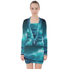 Tsunami Waves Ocean Sea Nautical Nature Water 7 V-neck Bodycon Long Sleeve Dress