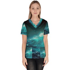 Tsunami Waves Ocean Sea Nautical Nature Water 7 Women s V-neck Scrub Top by Jancukart