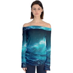 Tsunami Waves Ocean Sea Nautical Nature Water 7 Off Shoulder Long Sleeve Top by Jancukart