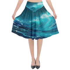 Tsunami Waves Ocean Sea Nautical Nature Water 7 Flared Midi Skirt by Jancukart