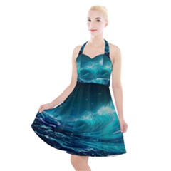 Tsunami Waves Ocean Sea Nautical Nature Water 7 Halter Party Swing Dress 