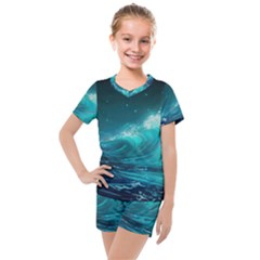 Tsunami Waves Ocean Sea Nautical Nature Water 7 Kids  Mesh Tee And Shorts Set