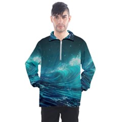 Tsunami Waves Ocean Sea Nautical Nature Water 7 Men s Half Zip Pullover by Jancukart