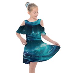 Tsunami Waves Ocean Sea Nautical Nature Water 7 Kids  Shoulder Cutout Chiffon Dress by Jancukart