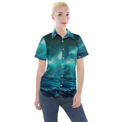 Tsunami Waves Ocean Sea Nautical Nature Water 7 Women s Short Sleeve Pocket Shirt