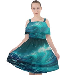 Tsunami Waves Ocean Sea Nautical Nature Water 7 Cut Out Shoulders Chiffon Dress