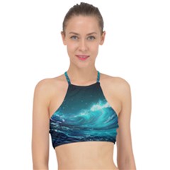 Tsunami Waves Ocean Sea Nautical Nature Water 7 Racer Front Bikini Top by Jancukart