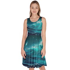 Tsunami Waves Ocean Sea Nautical Nature Water 7 Knee Length Skater Dress With Pockets