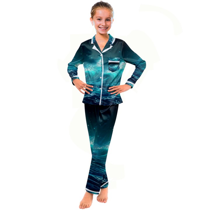 Tsunami Waves Ocean Sea Nautical Nature Water 7 Kid s Satin Long Sleeve Pajamas Set