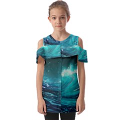 Tsunami Waves Ocean Sea Nautical Nature Water 7 Fold Over Open Sleeve Top by Jancukart