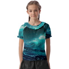 Tsunami Waves Ocean Sea Nautical Nature Water 7 Kids  Frill Chiffon Blouse by Jancukart