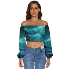 Tsunami Waves Ocean Sea Nautical Nature Water 7 Long Sleeve Crinkled Weave Crop Top